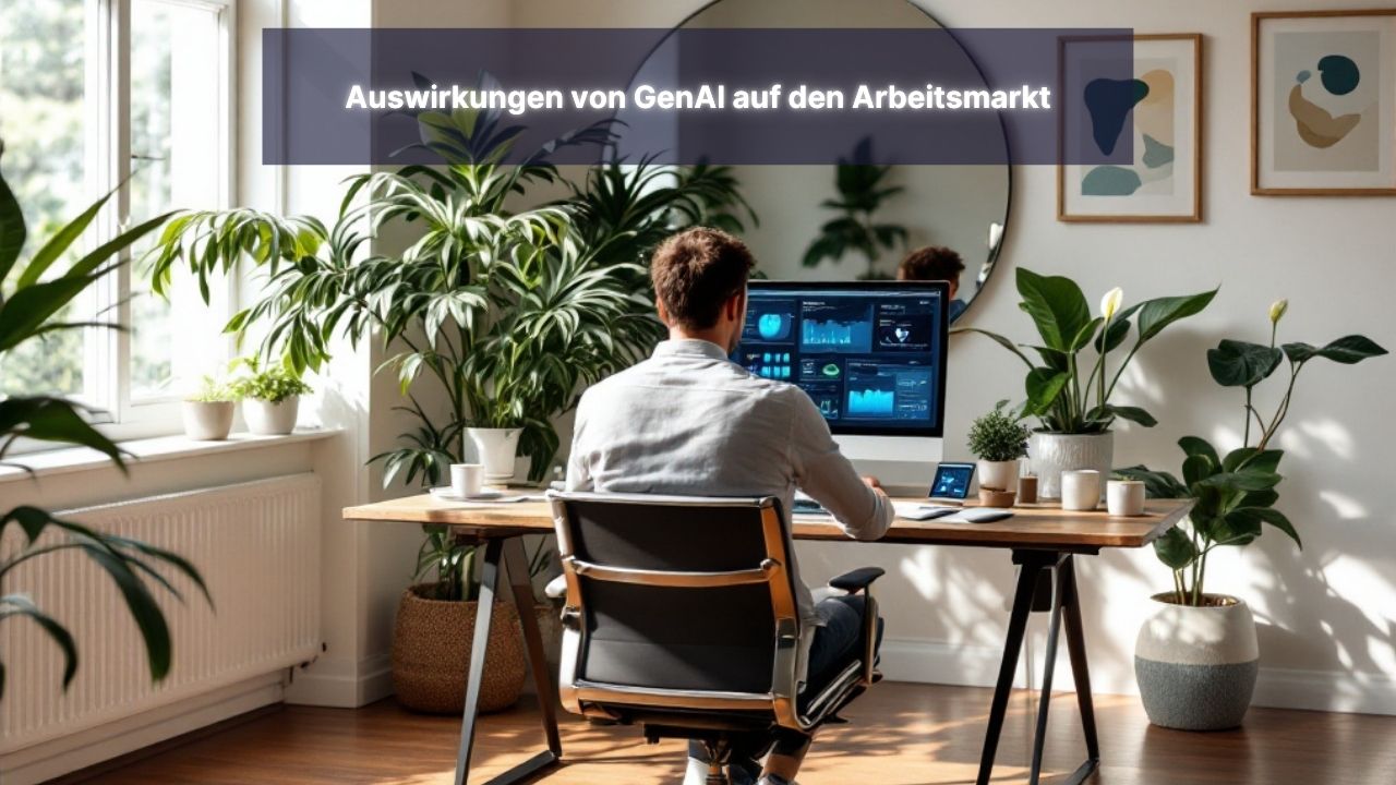 Ein moderner Arbeitsplatz mit einem Laptop, der KI-generierte Tools anzeigt, während eine Person in einer von natürlichem Licht und Pflanzen geprägten Umgebung arbeitet.