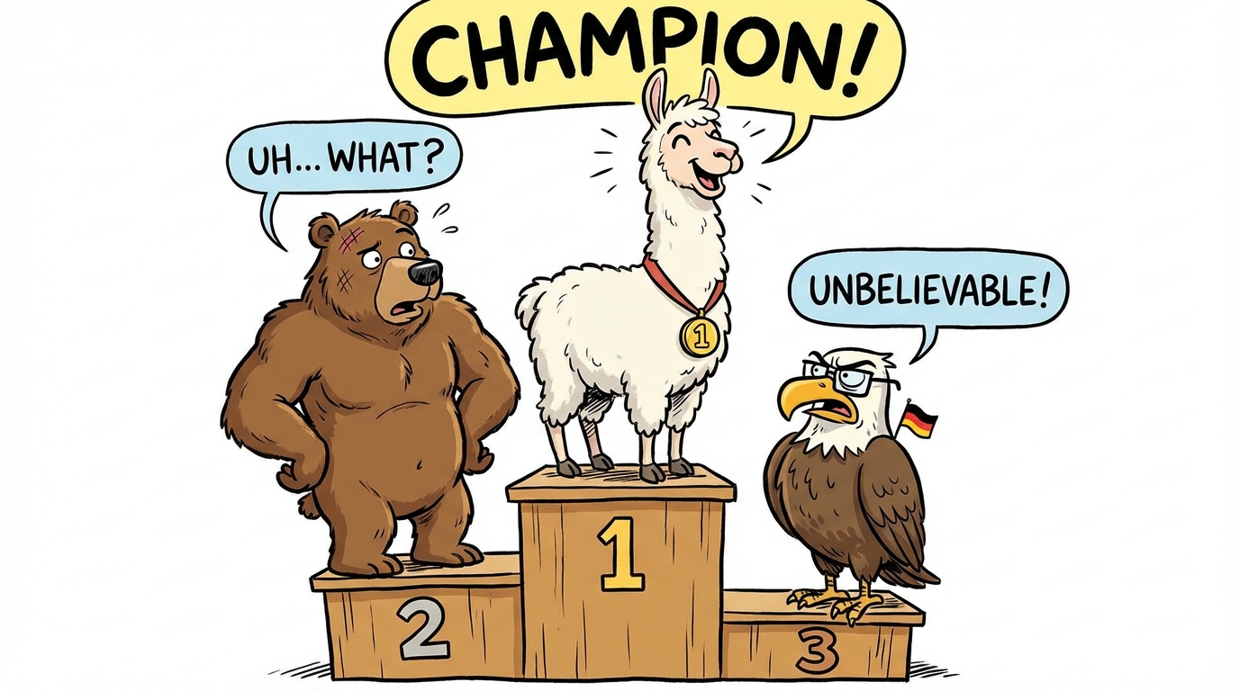 alt="Comic-Stil Illustration: Ein kleines Lama gewinnt den ersten Platz vor einem amerikanischen Bären und einem deutschen Adler auf dem Siegerpodest – Symbolbild für KI-Benchmark in der Pflege"