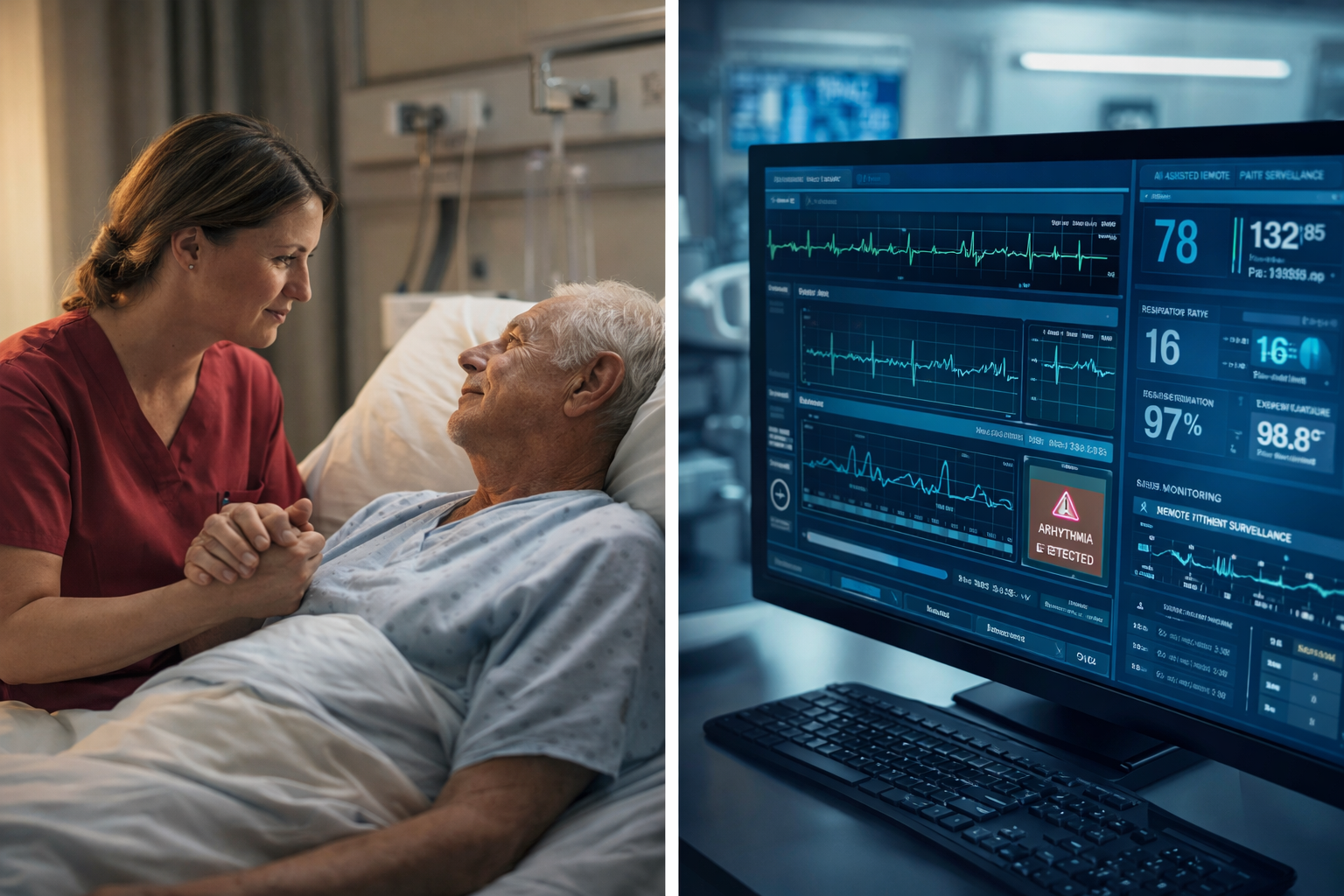 ergleich menschliche Pflege am Bett versus KI-gestützte Fernüberwachung — Real Nurse at the Bedside