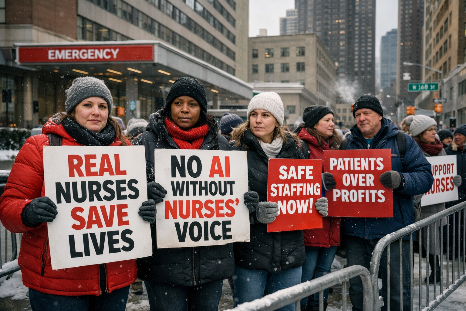 NYSNA-Pflegekräfte streiken vor NewYork-Presbyterian Hospital im Januar 2026 gegen KI-Bevormundung und Unterbesetzung