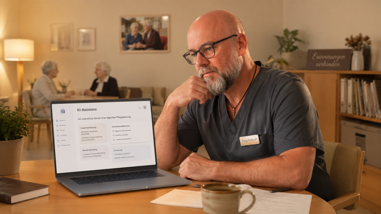 Pflegefachperson reflektiert gemeinsam mit einem KI-System eine ethische Frage in der Demenzpflege
